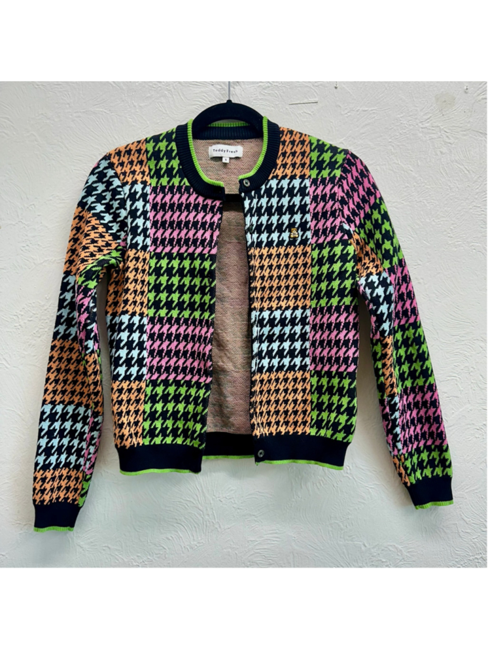 Teddy Fresh S Neon Color block Houndstooth Button Front Cotton Cardigan Sweater